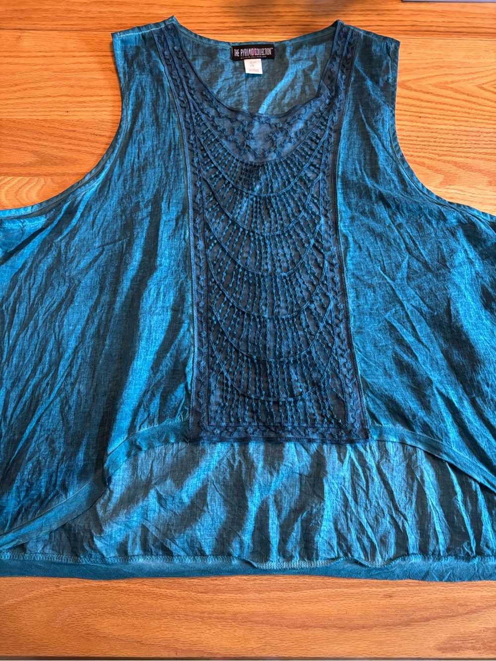 Women’s The Pyramid Collection Sheer Teal Blue Embroidered Lacy Top 2X Boho